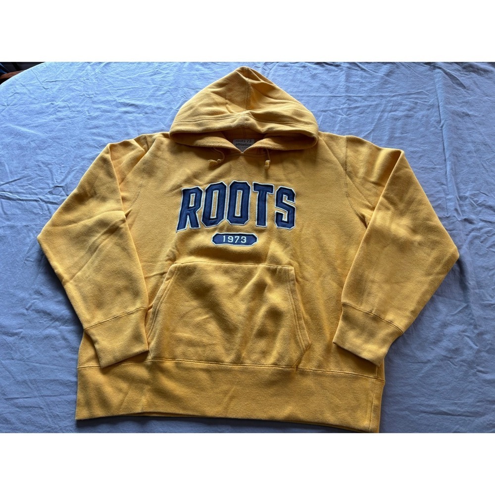 Roots 73 Athletics Mens Yellow Logo Hoodie Sweatshirt Large 1973 Applique